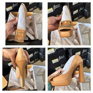 Mark & James Badgley Eilene Patent Shoes heels platform Tan Beige Camel 7 New